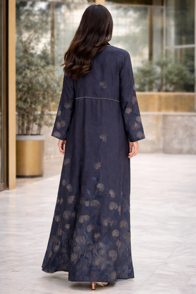 Navy Linen Abaya with Metallic Thread Embroidery