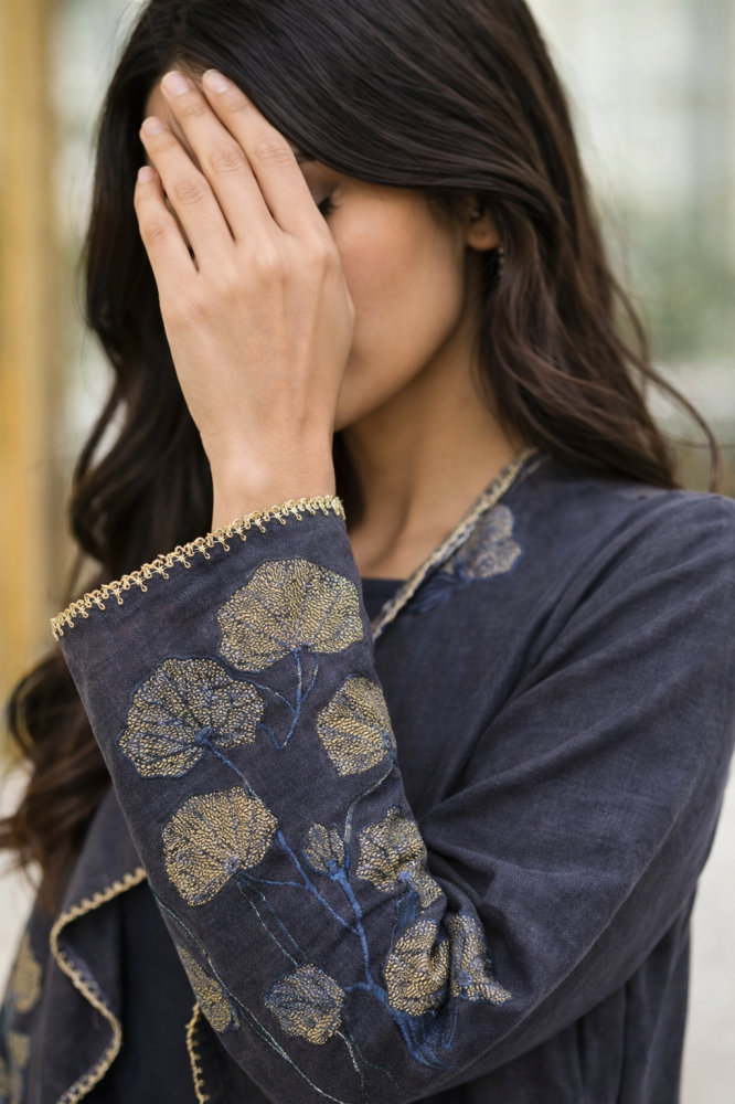 Navy Linen Abaya with Metallic Thread Embroidery