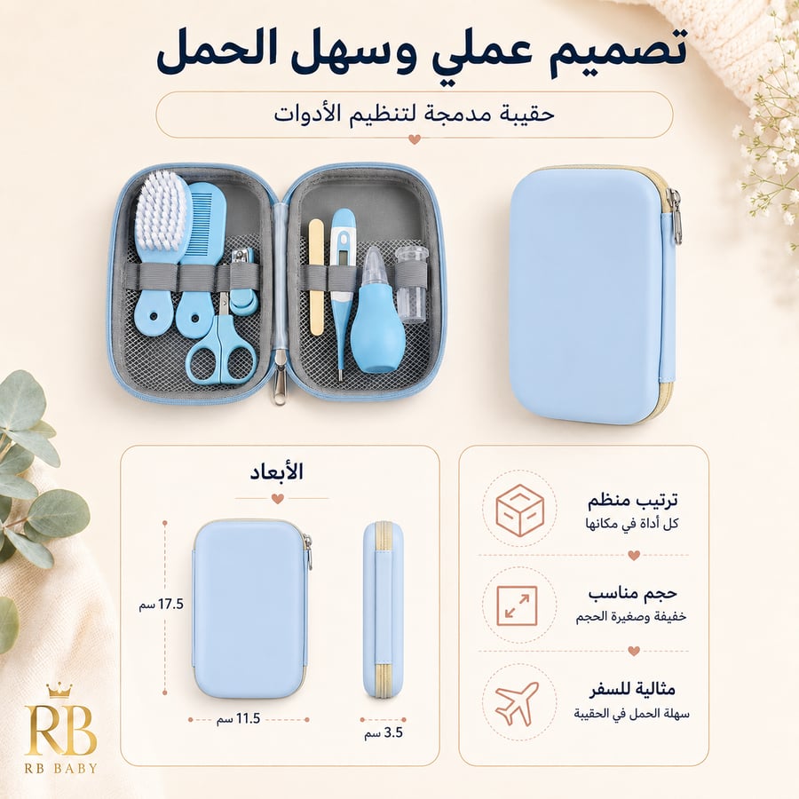 مجموعة العناية بالطفل 8 في 1 – أدوات أساسية بحقيبة منظمة ازرق