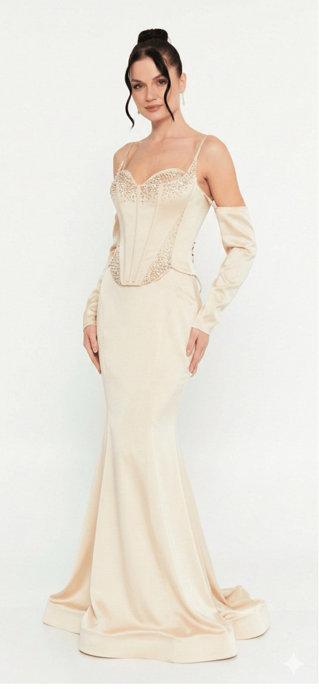 Cream satin long dress with a corset-style bust, decorated with gold and silver crystals, with sleeves