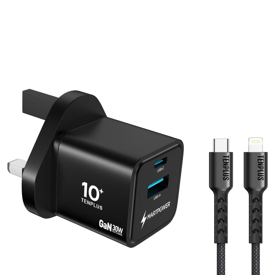 شاحن جداري بمنفذين USB-C و USB-A + سلك تايب سي تو تايب سي بتقنية GaN بقوة 30 واط