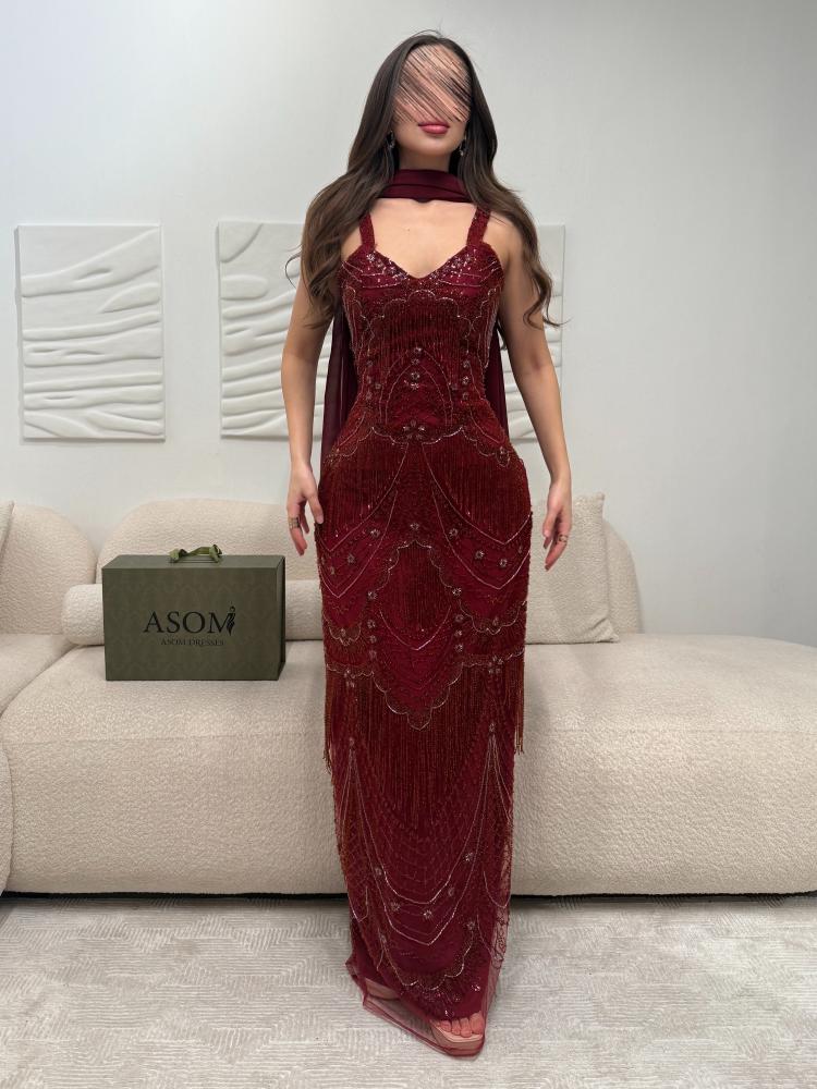 فستان هدب سهرة عنابي