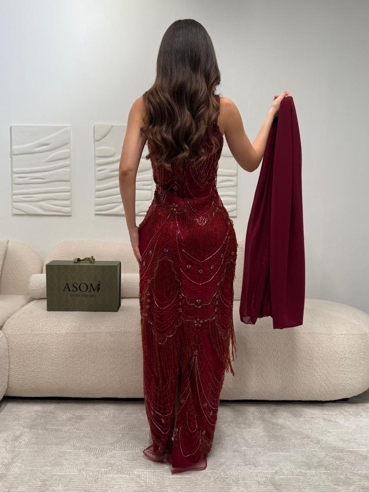 فستان هدب سهرة عنابي