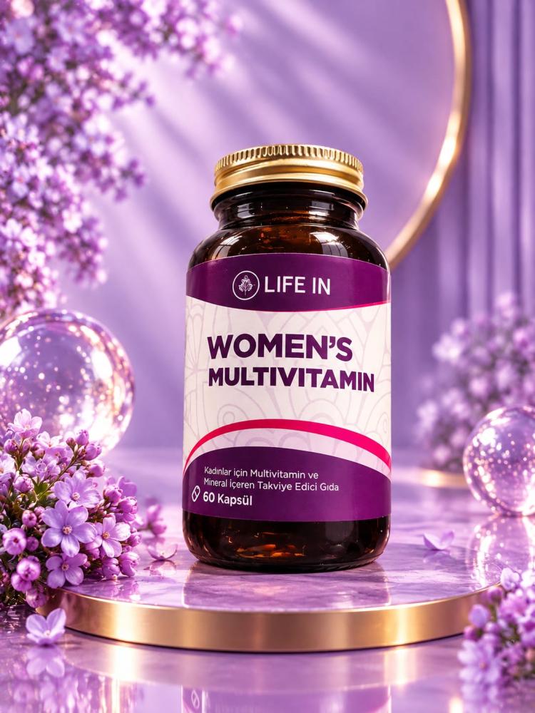مكمل غذائي من نوع Life In Women's Multivitamin (فيتامينات متعددة ومعادن للنساء)، تحتوي على 60 كبسولة، ومطورة لدعم الاحتياجات الغذائية اليومية للمرأة.