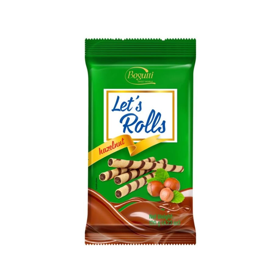 ويفر رولات بالبندق ليتس رولز من بوجوتي - 120 جرام | Bogutti Let's Rolls Hazelnut Wafer Rolls