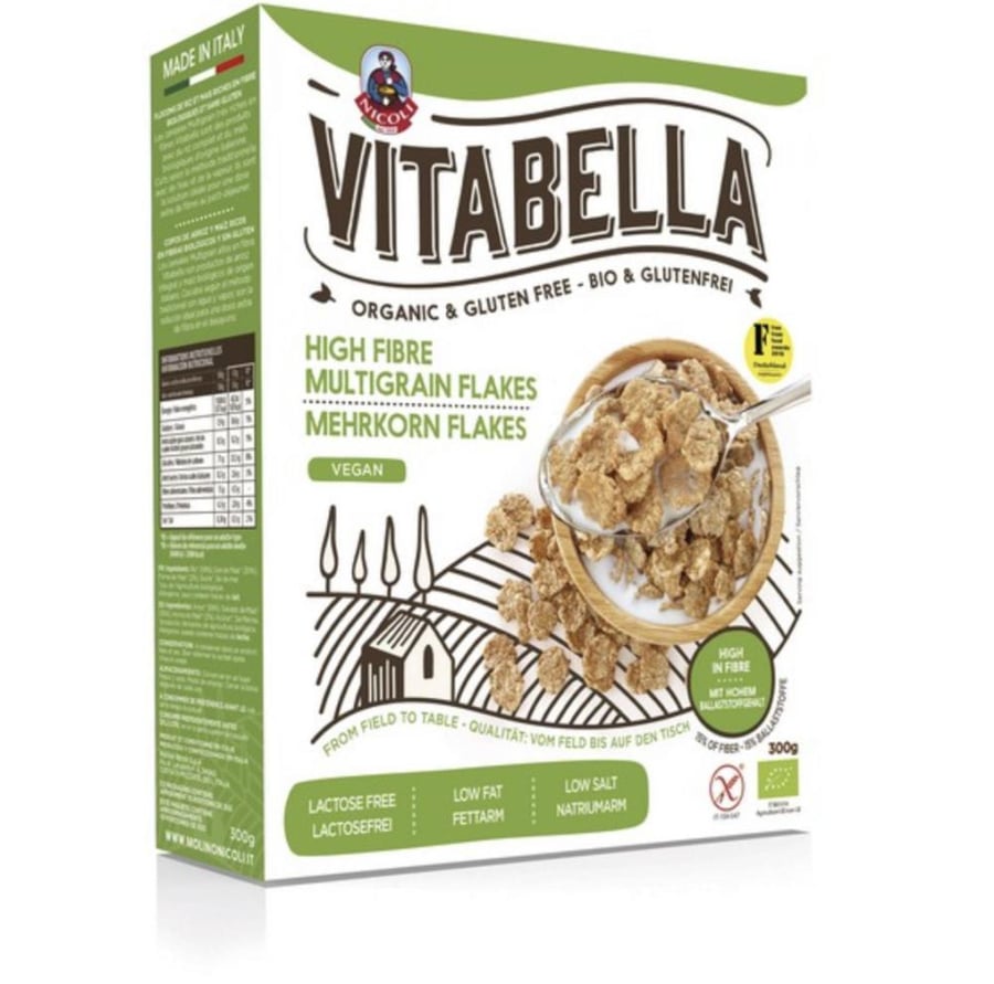 Cereal Corn Flakes, organic rice and corn flakes rich in fiber, Vitabella, 340 grams