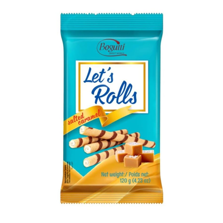 ويفر رولات بالكراميل المملح ليتس رولز من بوجوتي - 120 جرام | Bogutti Let's Rolls Salted Caramel Wafer Rolls