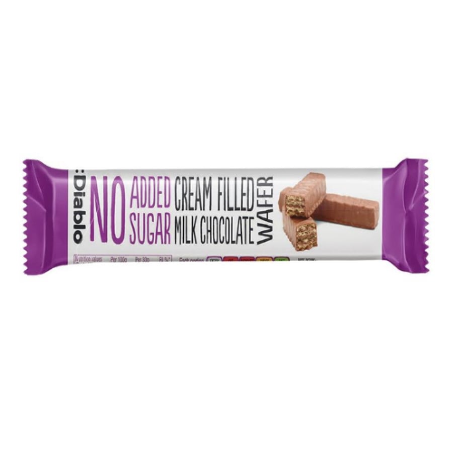 ويفر محشو بالكريمة ومغطى بشوكولاتة الحليب بدون سكر مضاف ديابلو المستورد Diablo No Added Sugar Cream Filled Milk Chocolate Wafer