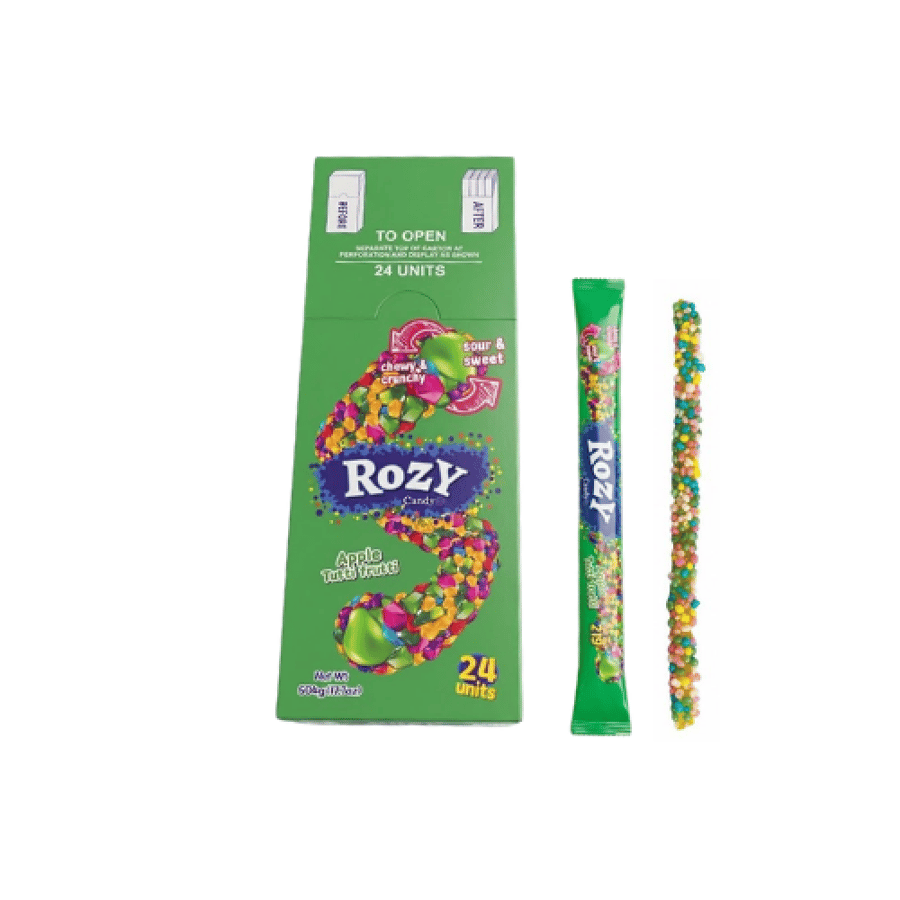 كرتون حلاوة روزي ستيكس المقرمشة بنكهة التفاح والفواكه المشكلة - 24 قطعة | Rozy Candy Apple & Tutti Frutti Sticks Box 24 Units