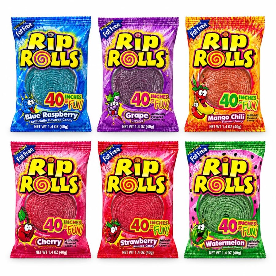 حلوى ريب رولز الملتوفة الحامضة والمبتكرة - 40 جرام (Rip Rolls Candy 40 Inches of Fun 40g)