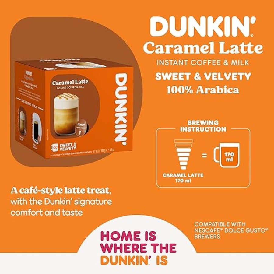 دانكن كبسولات قهوة كراميل لاتيه - 10 كبسولات | Dunkin' Caramel Latte Instant Coffee & Milk Capsules