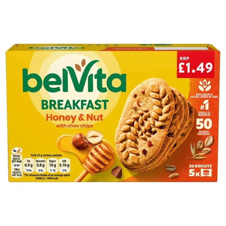 بسكويت بلفيتا للإفطار بالعسل والمكسرات وحبيبات الشوكولاتة - 225 جرام (belVita Breakfast Honey & Nut with Choc Chips 5 x 4 Packs)
