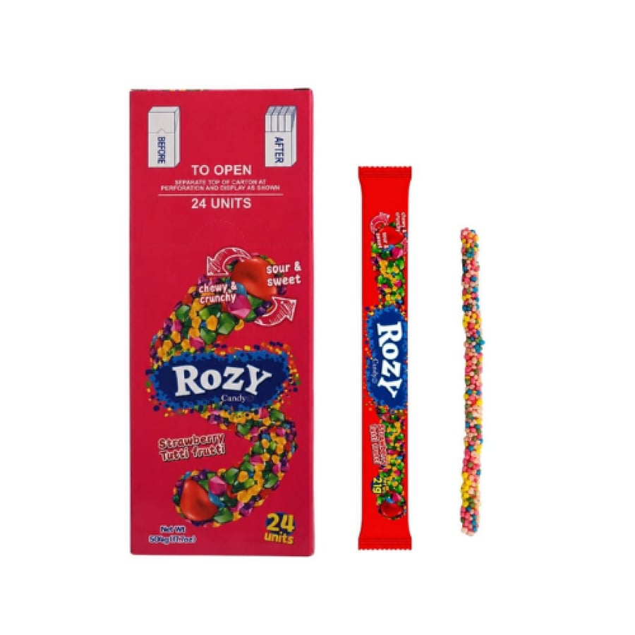 كرتون حلاوة روزي ستيكس المقرمشة بنكهة الفراولة والفواكه المشكلة - 24 قطعة | Rozy Candy Strawberry & Tutti Frutti Sticks Box 24 Units