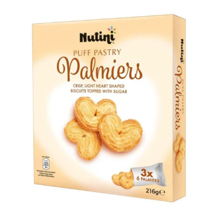 بسكويت بالبف باستري بالميرس المقرمش على شكل قلوب مغطى بالسكر من نوتيني - 216 جرام (Nutini Puff Pastry Palmiers 216g)