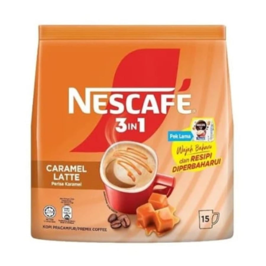 قهوة نسكافيه 3 في 1 كراميل لاتيه بنكهة الكراميل 15 ظرف (Nescafe 3in1 Caramel Latte Flavor 15 Sticks)