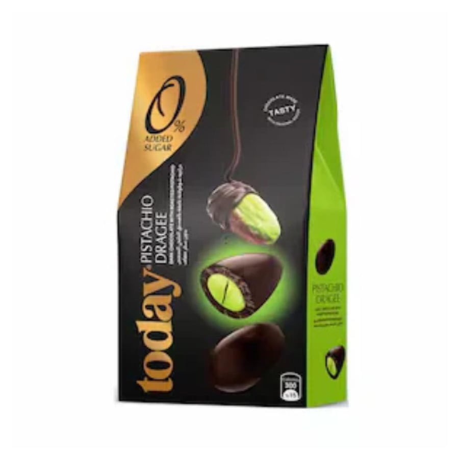 دراجيه الفستق بالشوكولاتة الداكنة بدون سكر مضاف توداي 50 جرام (Today Pistachio Dragée Dark Chocolate 0% Added Sugar 50g)