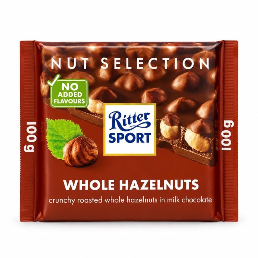 شوكولاتة ريتر سبورت بالحليب مع البندق الكامل المحمص - 100 جرام (Ritter Sport Whole Hazelnuts Milk Chocolate 100g)