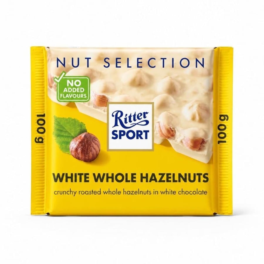 شوكولاتة ريتر سبورت البيضاء مع البندق الكامل المحمص - 100 جرام (Ritter Sport White Whole Hazelnuts Chocolate 100g)