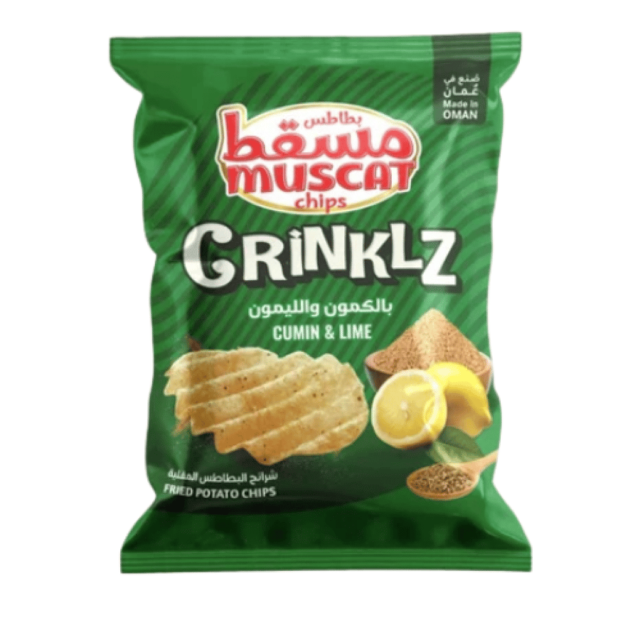 بطاطس مسقط كرينكلز بالكمون والليمون 12 جرام × 24 حبة – Muscat Chips Crinklez Cumin & Lime 12g x 24 Pack