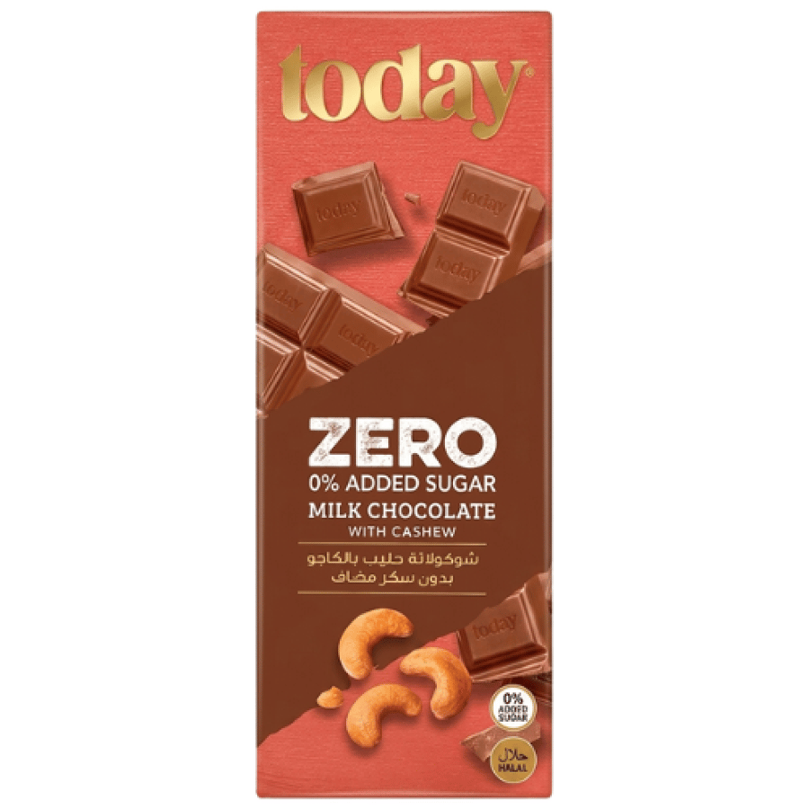 شوكلاتة بالحليب مع الكاجو بدون سكر مضاف توداي زيرو | Today Zero Milk Chocolate with Cashew 0% Added Sugar