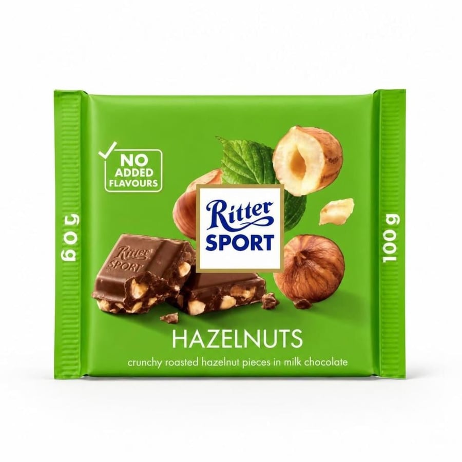 شوكولاتة ريتر سبورت بالحليب مع قطع البندق المحمص - 100 جرام (Ritter Sport Milk Chocolate Hazelnuts 100g)