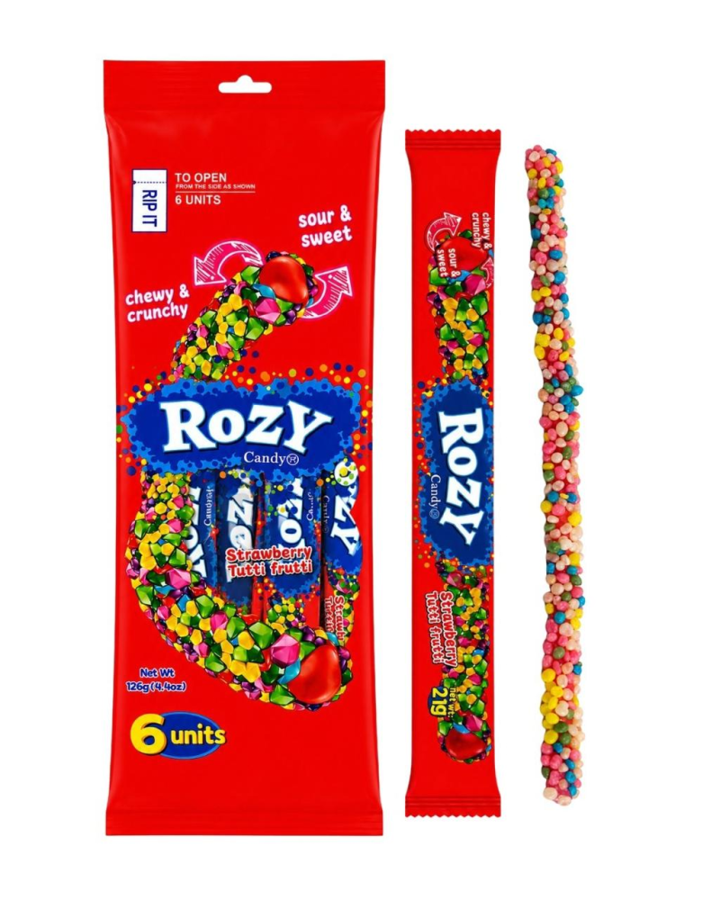 حلاوة روزي ستيكس المقرمشة بنكهة الفراولة والفواكه المشكلة - 6 قطع | Rozy Candy Strawberry & Tutti Frutti Sticks 6 Units