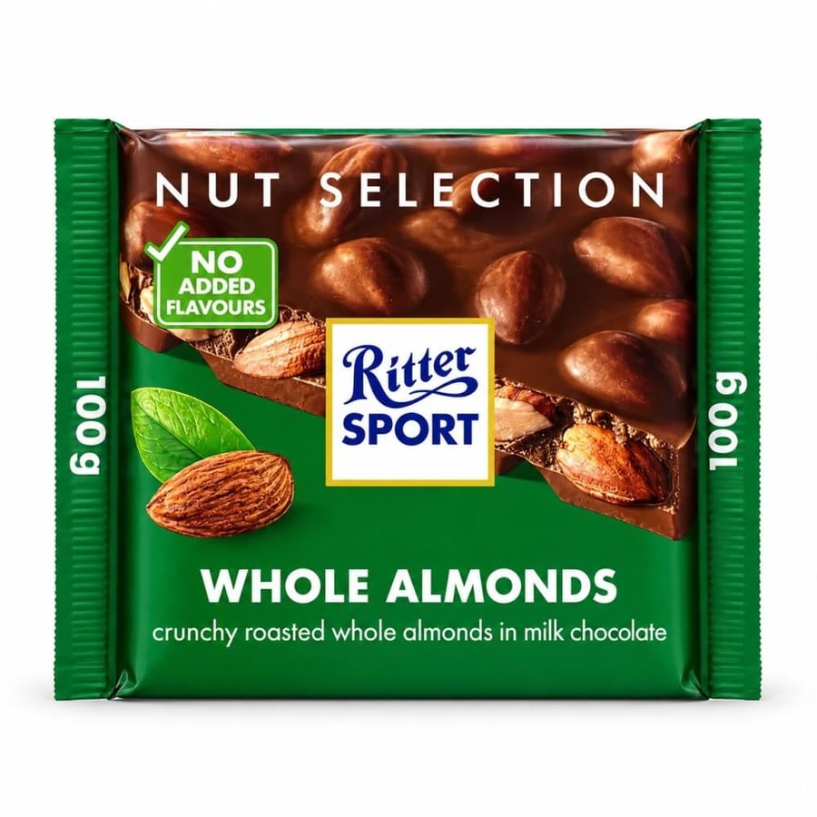 شوكولاتة ريتر سبورت بالحليب مع اللوز الكامل المحمص - 100 جرام (Ritter Sport Whole Almonds Milk Chocolate 100g)