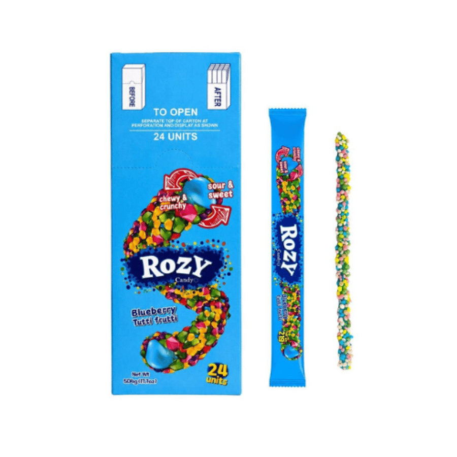 كرتون حلاوة روزي ستيكس المقرمشة بنكهة التوت والفواكه المشكلة - 24 قطعة | Rozy Candy Blueberry & Tutti Frutti Sticks Box 24 Units