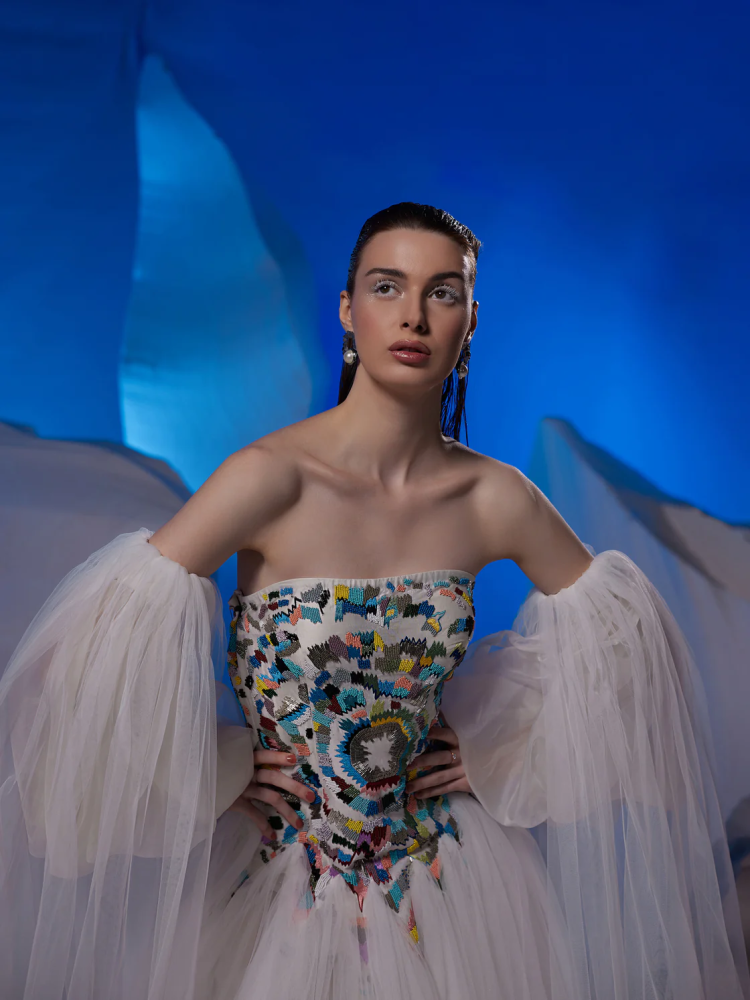 Off-shoulder gown with embroidery at the yoke 218