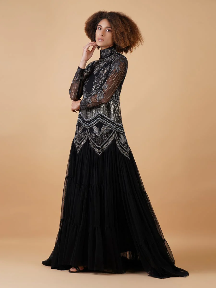 A-line, high neck gown in chanderi at the top that is adorned with unique patterns 224