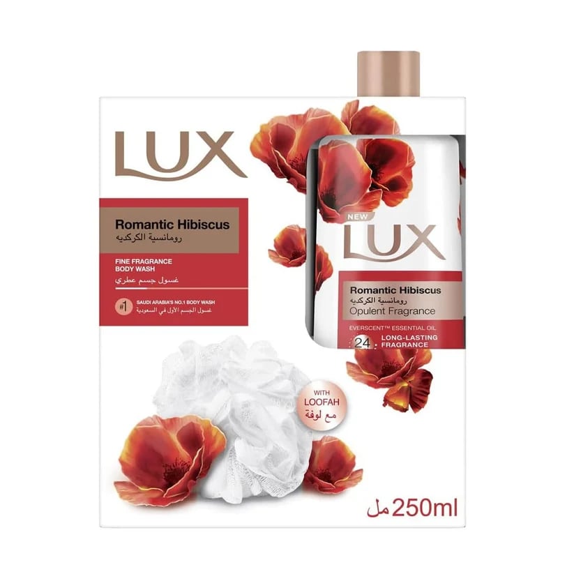 سائل استحمام معطر رومانسية الكركديه من لوكس - 250 مل مع ليفة هدية
