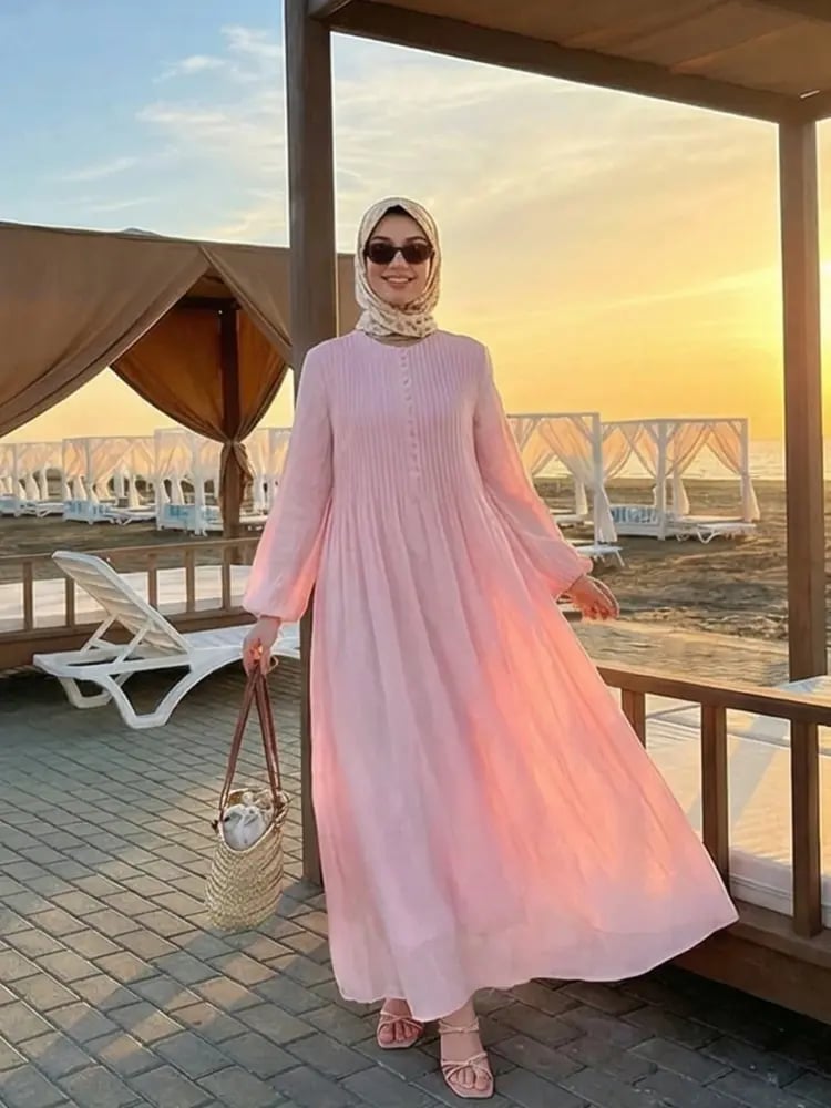 Solavon فستان طويل أنيق للنساء بأكمام فانوس وطيات، طراز بسيط للخريف