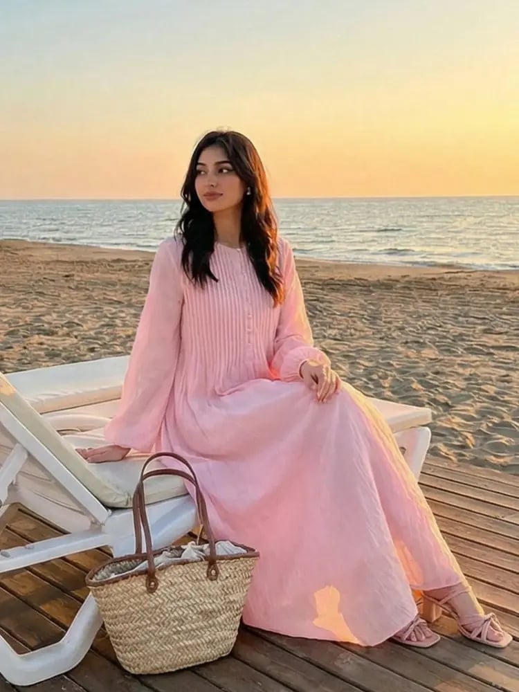 Solavon فستان طويل أنيق للنساء بأكمام فانوس وطيات، طراز بسيط للخريف