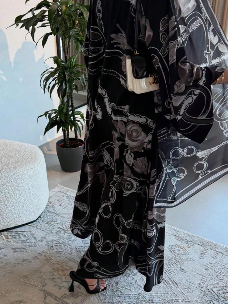 Hafizah مجموعة رداء مطبوع وحجاب رأس من قطعتين باللون الأسود للخريف