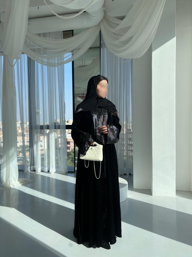 ⁠Black Velvet Silk Contrast Abaya - A line cut