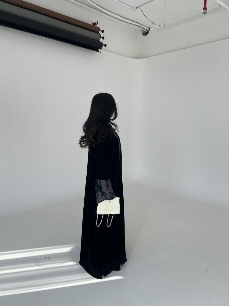 ⁠Black Velvet Silk Contrast Abaya - A line cut