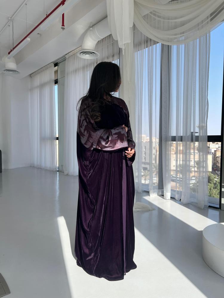 ⁠Purple Velvet Silk Contrast Abaya - Butterfly Cut