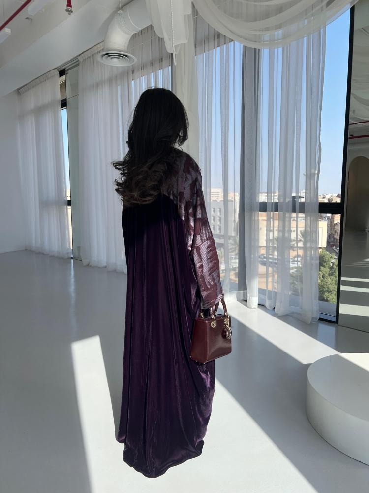 ⁠Purple Velvet Silk Contrast Abaya - Butterfly Cut