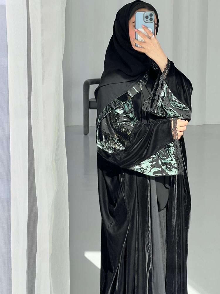 Black Dual-Velvet Abaya Half Bisht Cut