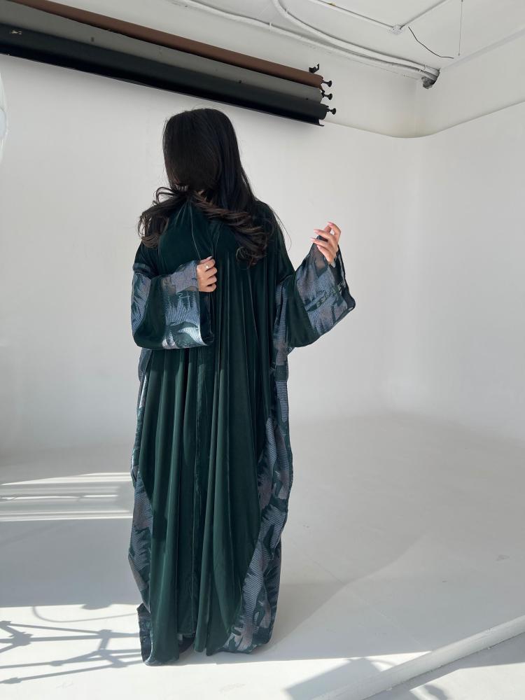⁠Green Velvet Silk Contrast Abaya Half Bisht Cut