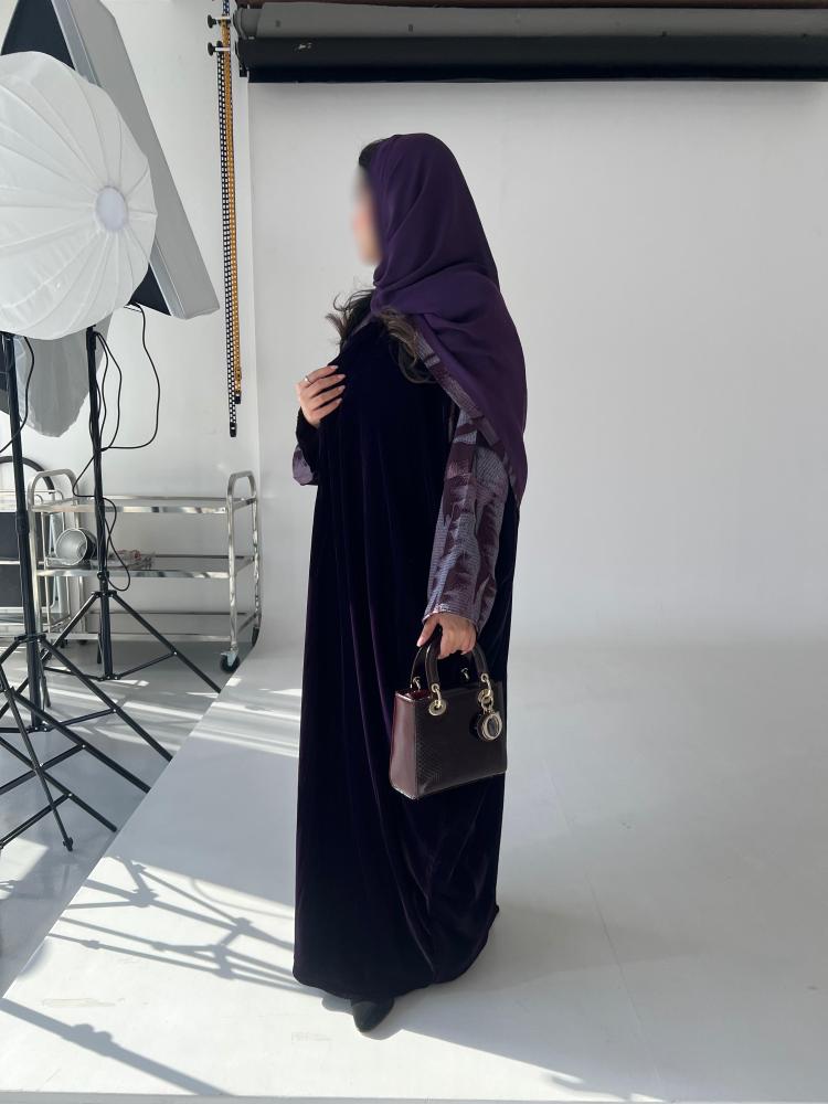⁠Purple Velvet Silk Contrast Abaya - Butterfly Cut