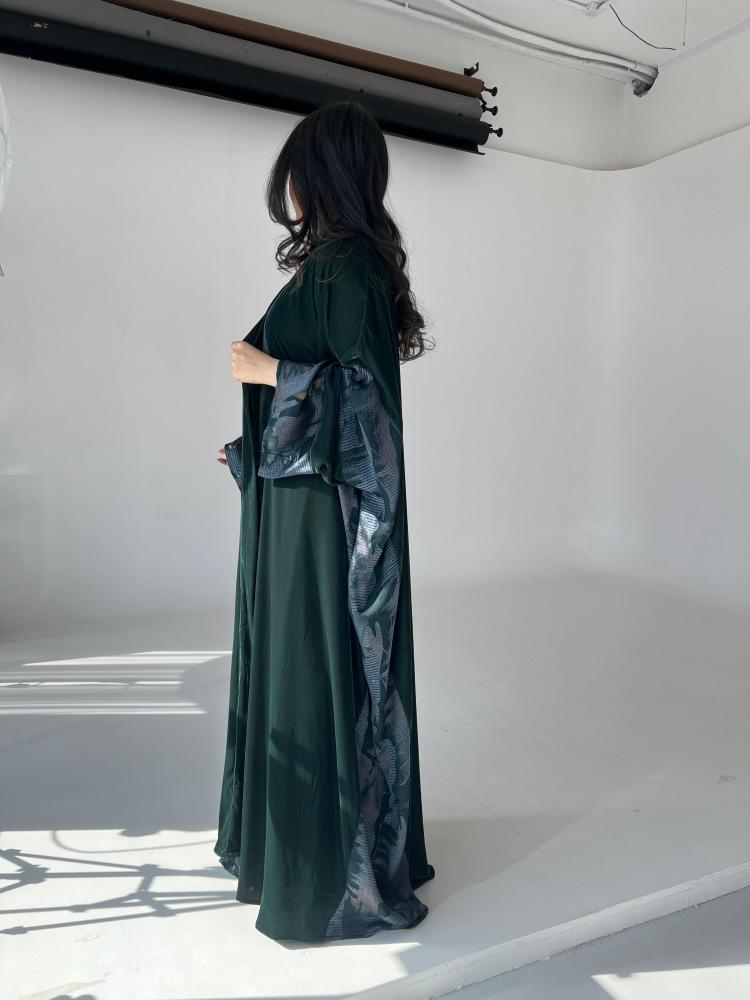 ⁠Green Velvet Silk Contrast Abaya Half Bisht Cut