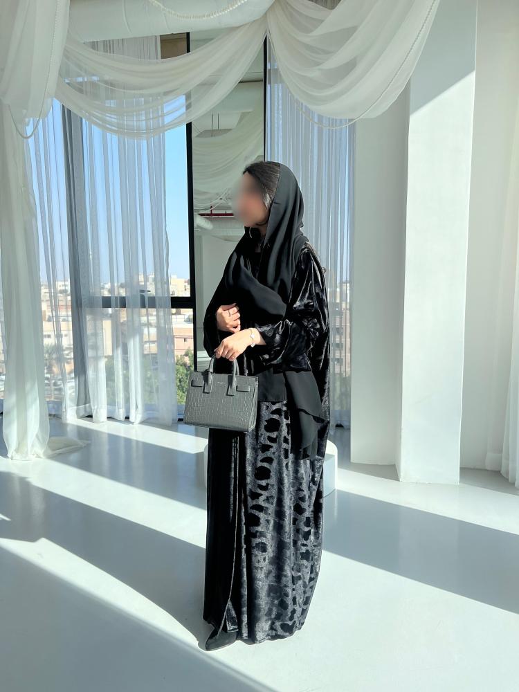 Soft Black Printed Velvet - Half Bisht Cut