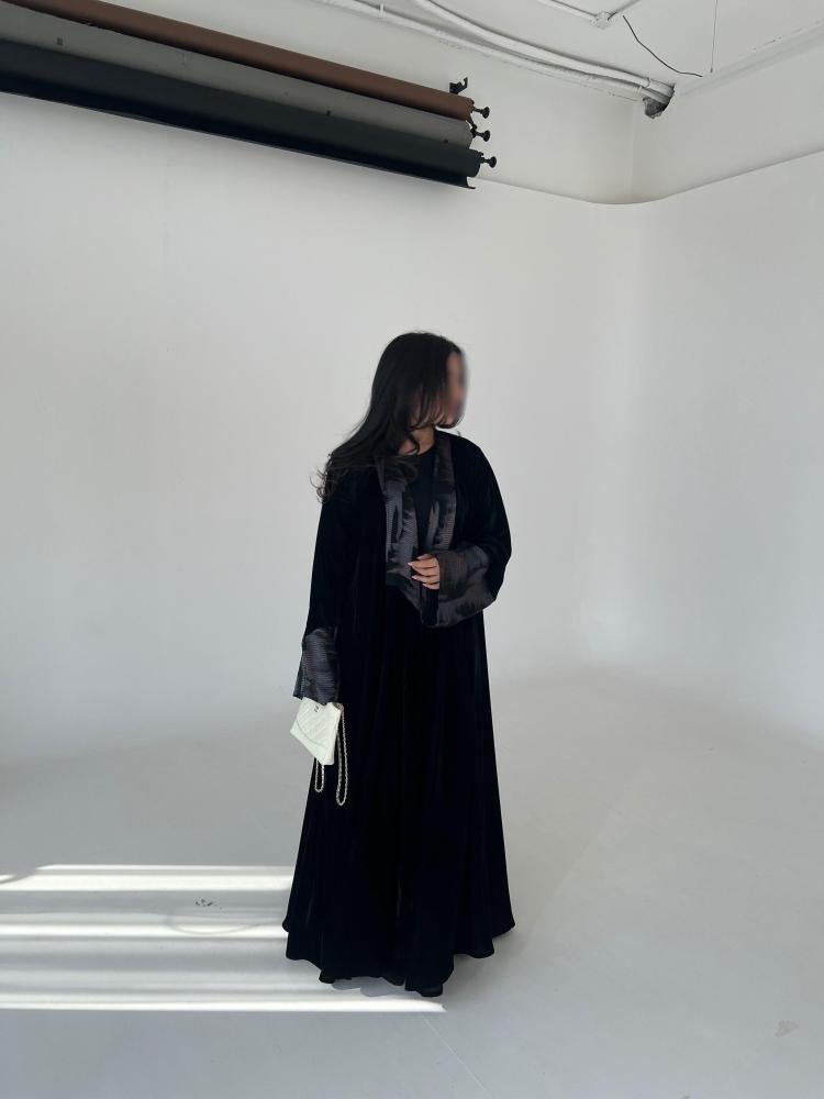 ⁠Black Velvet Silk Contrast Abaya - A line cut
