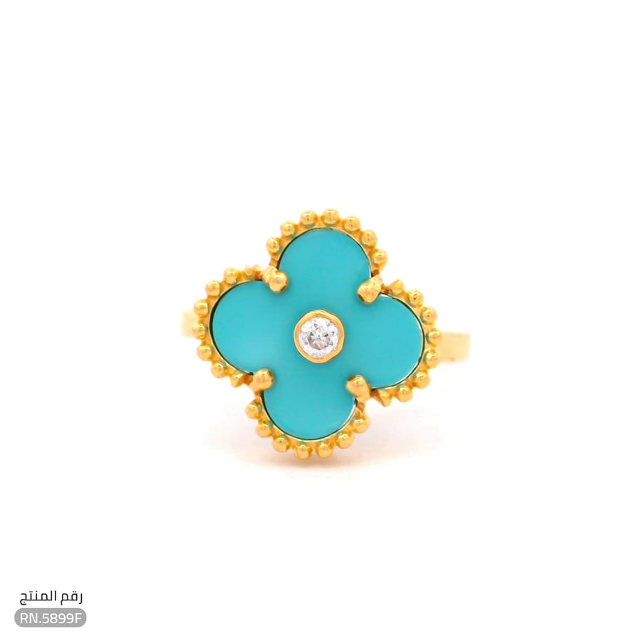 خاتم ذهب عيار 21 بإطار ذهبي ولون فيروزي وفص فاخر (RN.5899f)