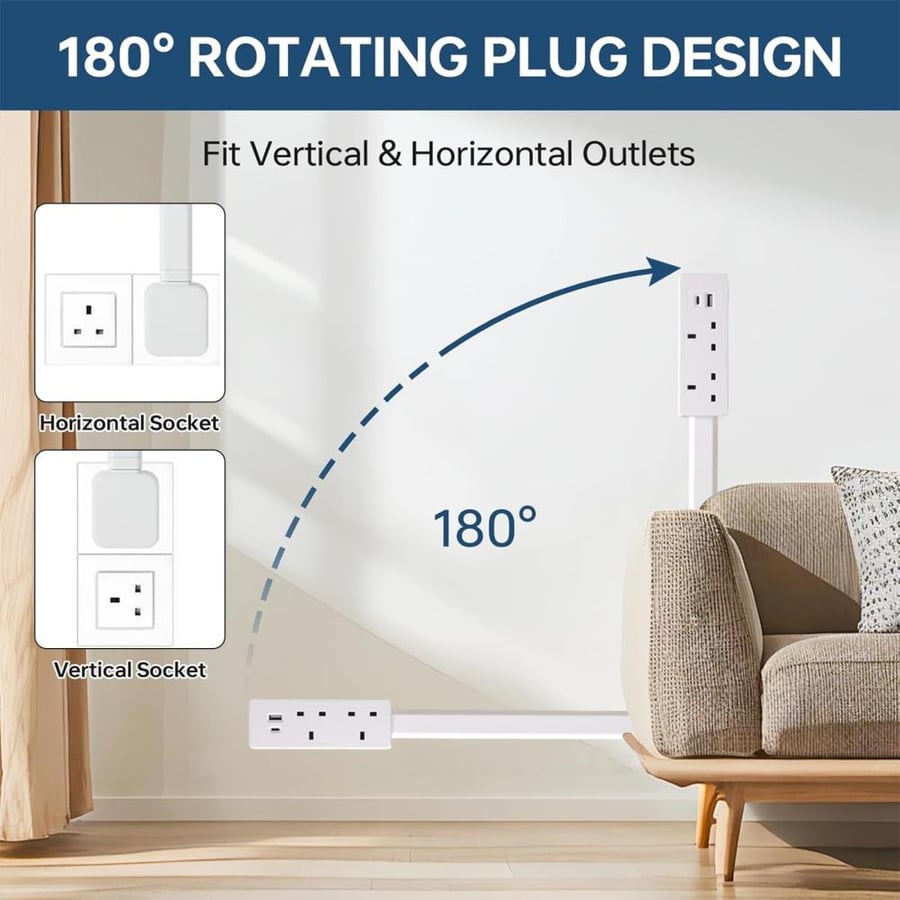 مقبس تمديد كهربائي دوّار 180° – منفذان كهرباء وUSB-A وUSB-C مع سلك تمديد