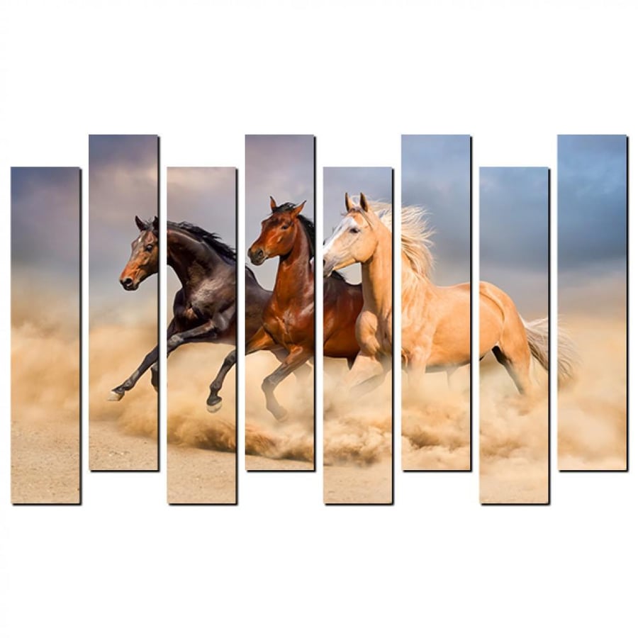 Wall panel - three colorful horses running - 1565 - divided into eight pieces