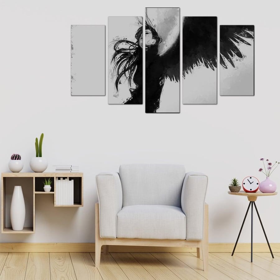 Wall panel - Woman in a dress and black wing - 1142-f - divided into five graduated pieces - 1