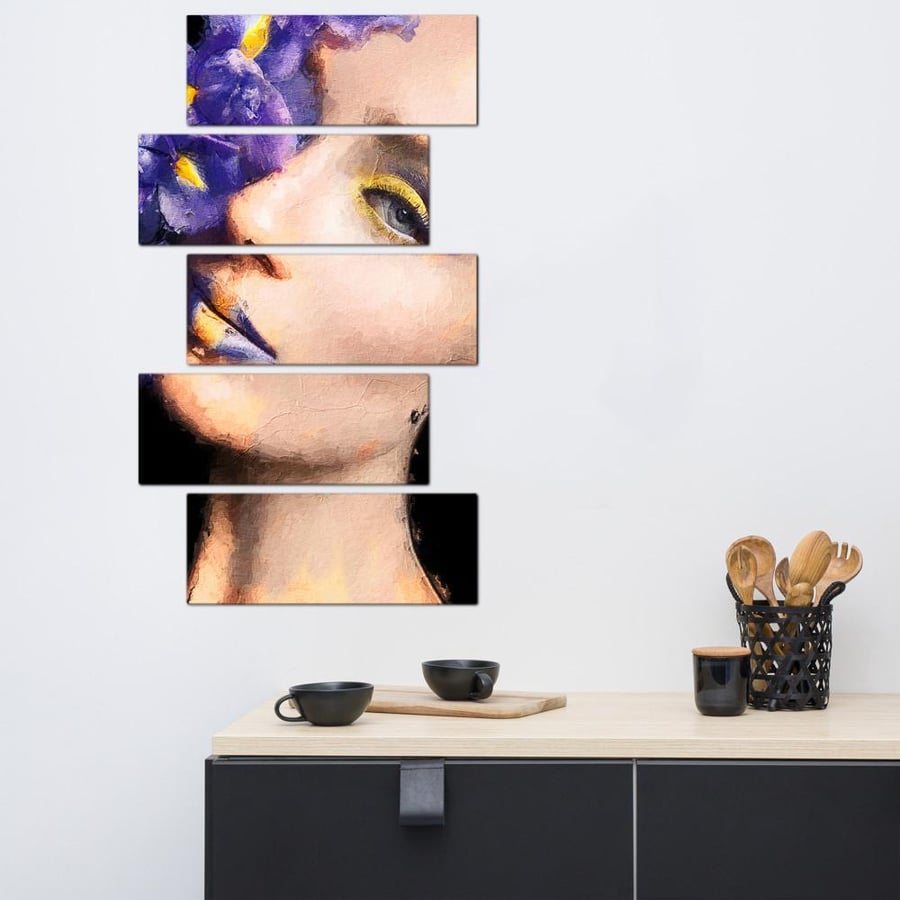 Wall art - drawing of a woman with purple flowers - 30037 - divided into five graduated pieces - 2
