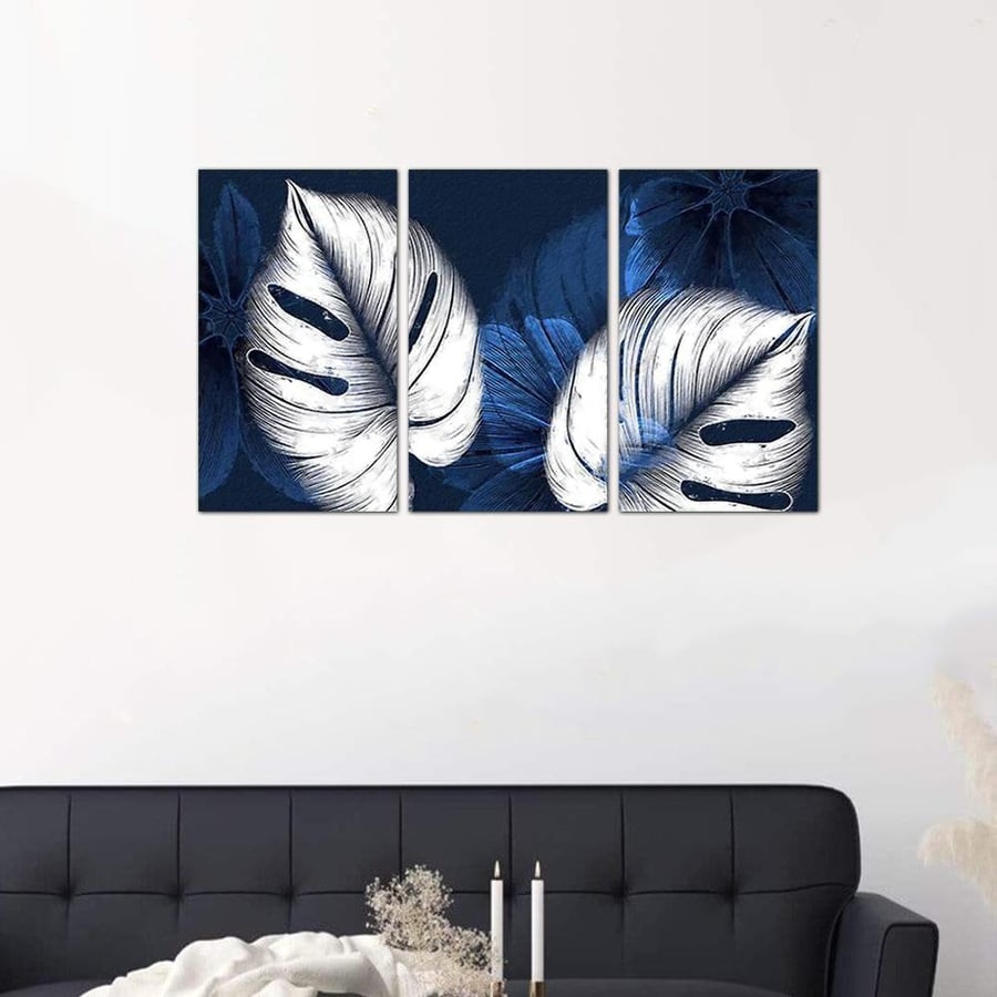 Modern wall art painting of blue plants - 24521 - divided into three pieces